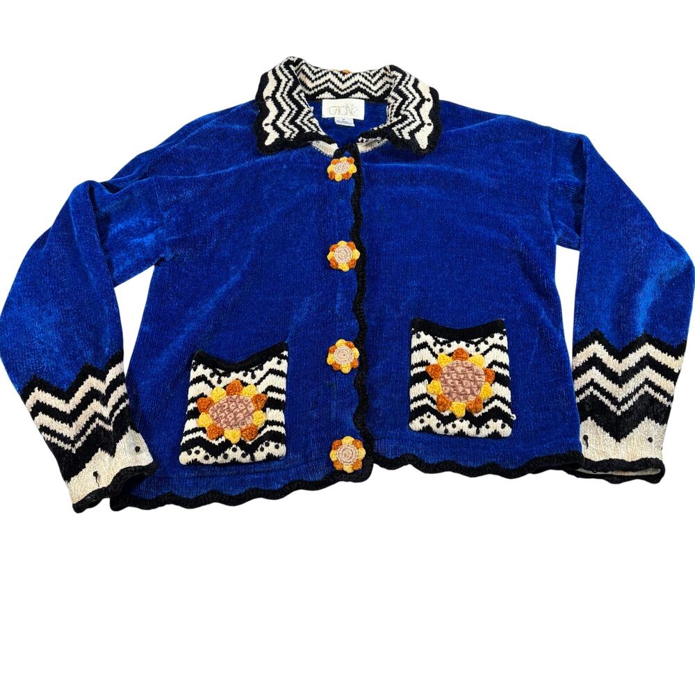 VTG Cache womens blue chenille sunflower cardigan. Size M. Heavyweight.